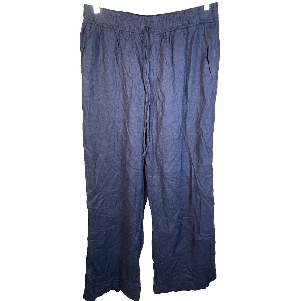 Briggs‎ Women's Linen Pants Large Navy Blue Drawstring Pockets causal lounge